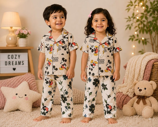 Premium Cotton Collar Half Sleeves Night Suit Sets (Sand Mickey Mouse)
