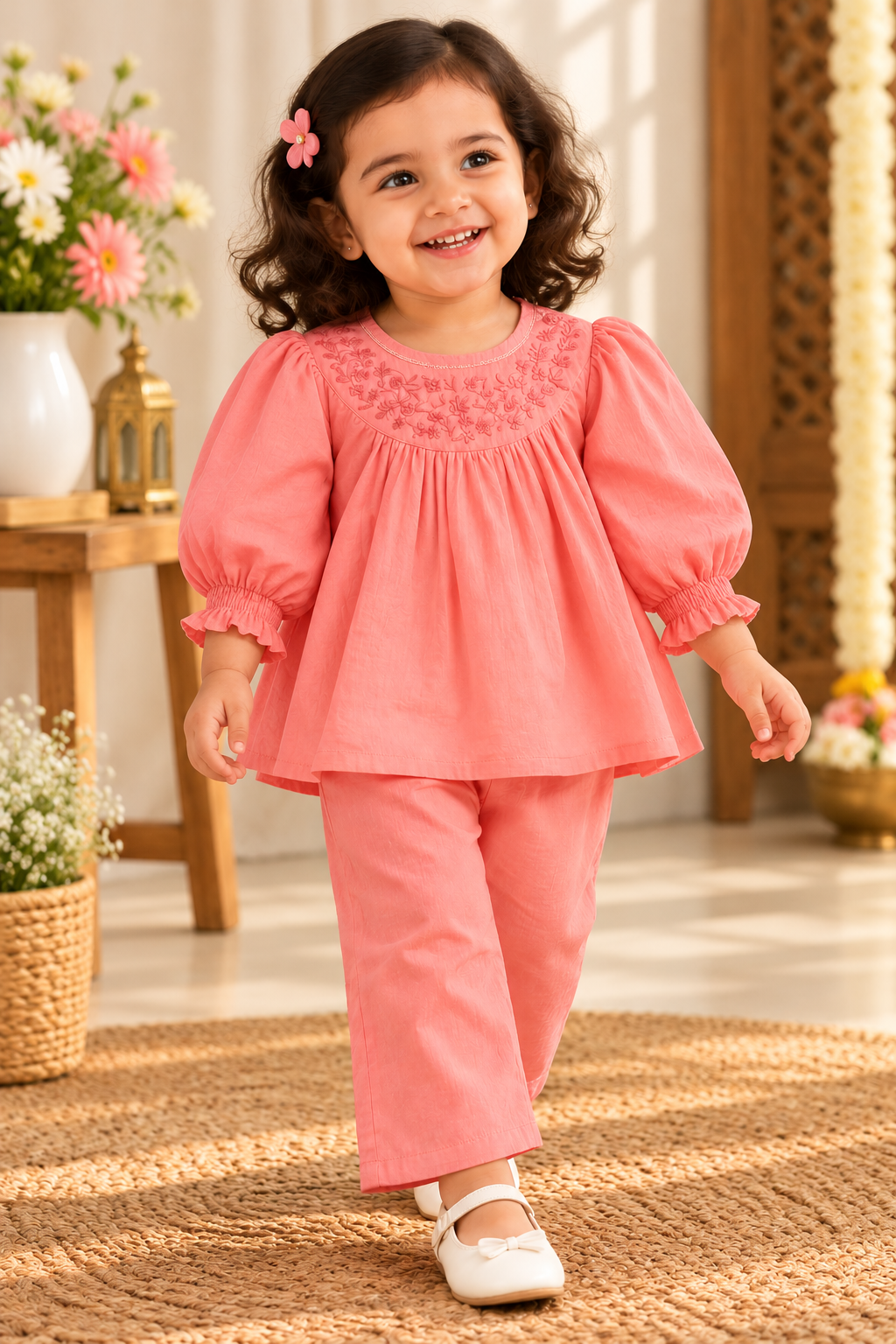 Girls Festive Cotton Printed Peter Pan Collar Co-ord Set (CR002)  (DIANA)