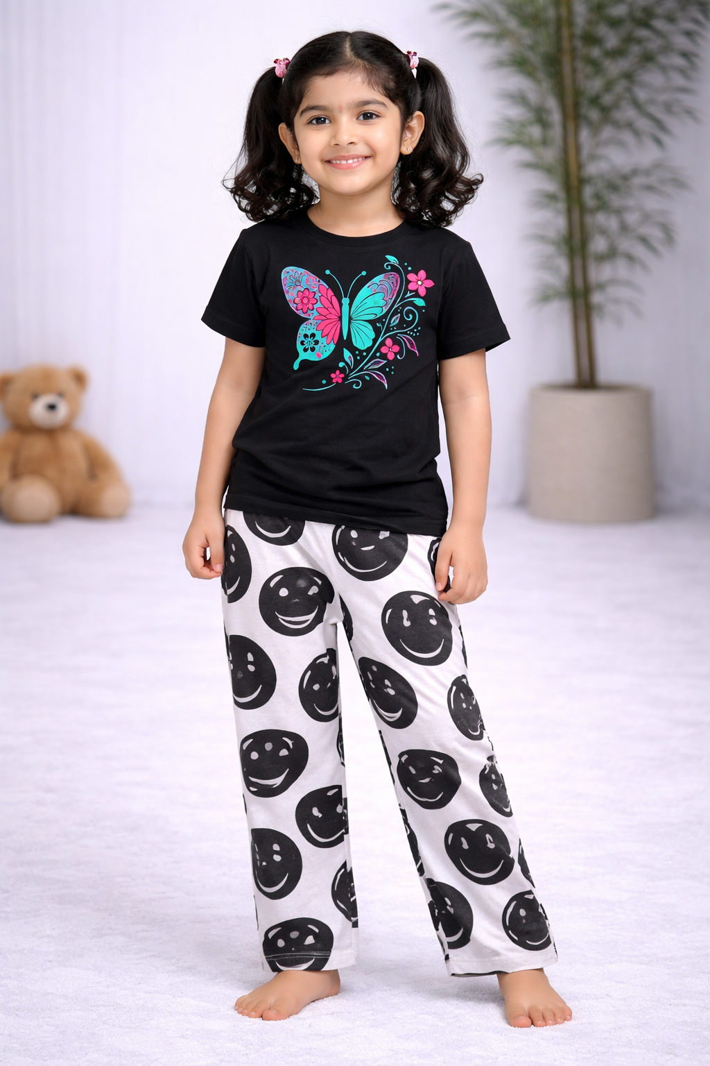 Premium Cotton Contrast Half Sleeves Pajama Set (Black Butterfly -Black smile)