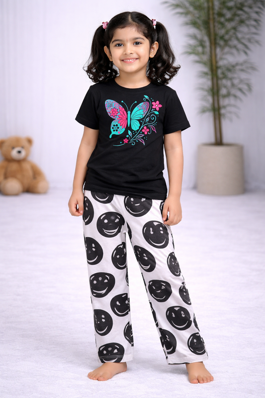 Premium Cotton Contrast Half Sleeves Pajama Set (Black Butterfly -Black smile)