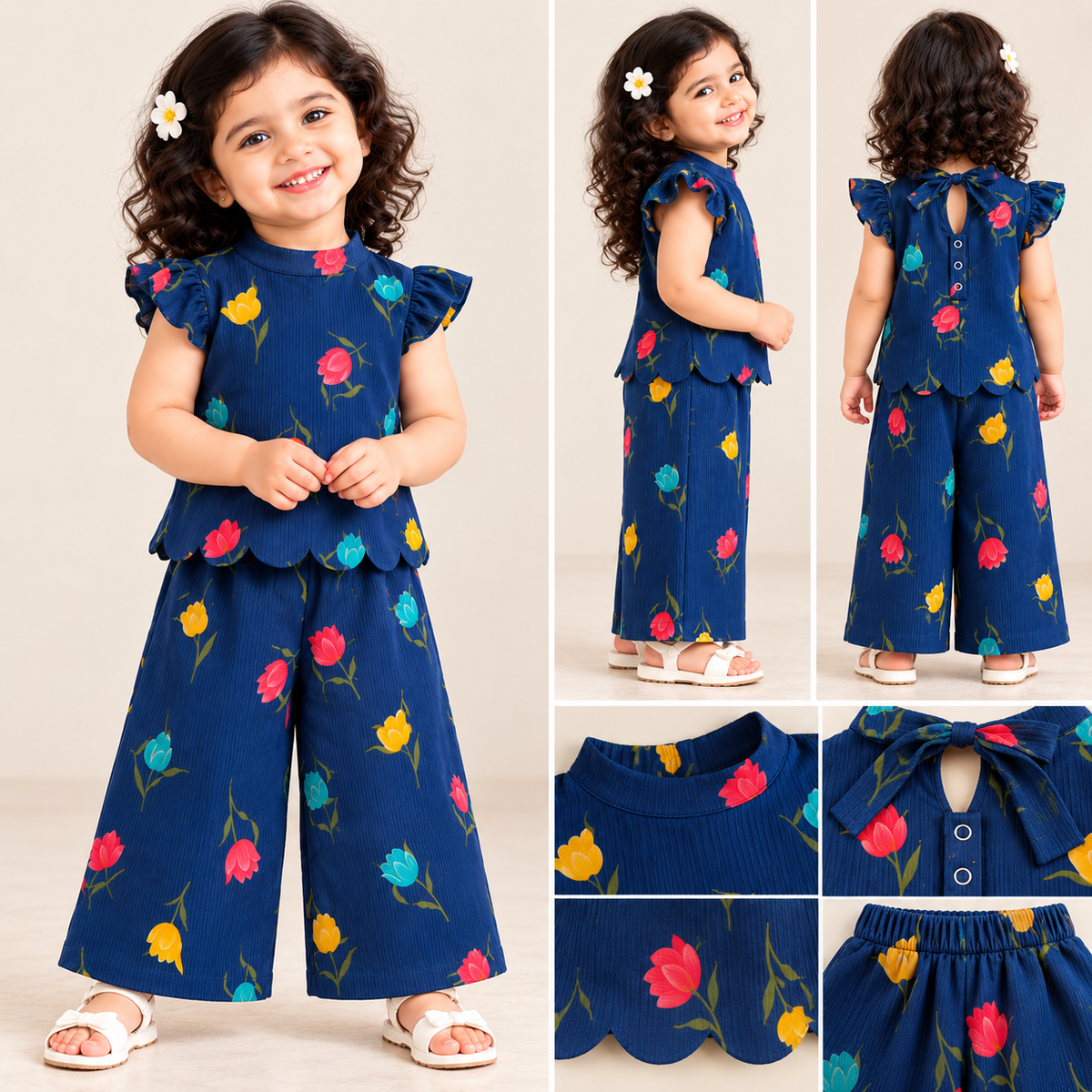Girls Casual Cotton Printed High Collar & Scallop Top & Pant Co-ord Set (C068) (Blue Tulip)