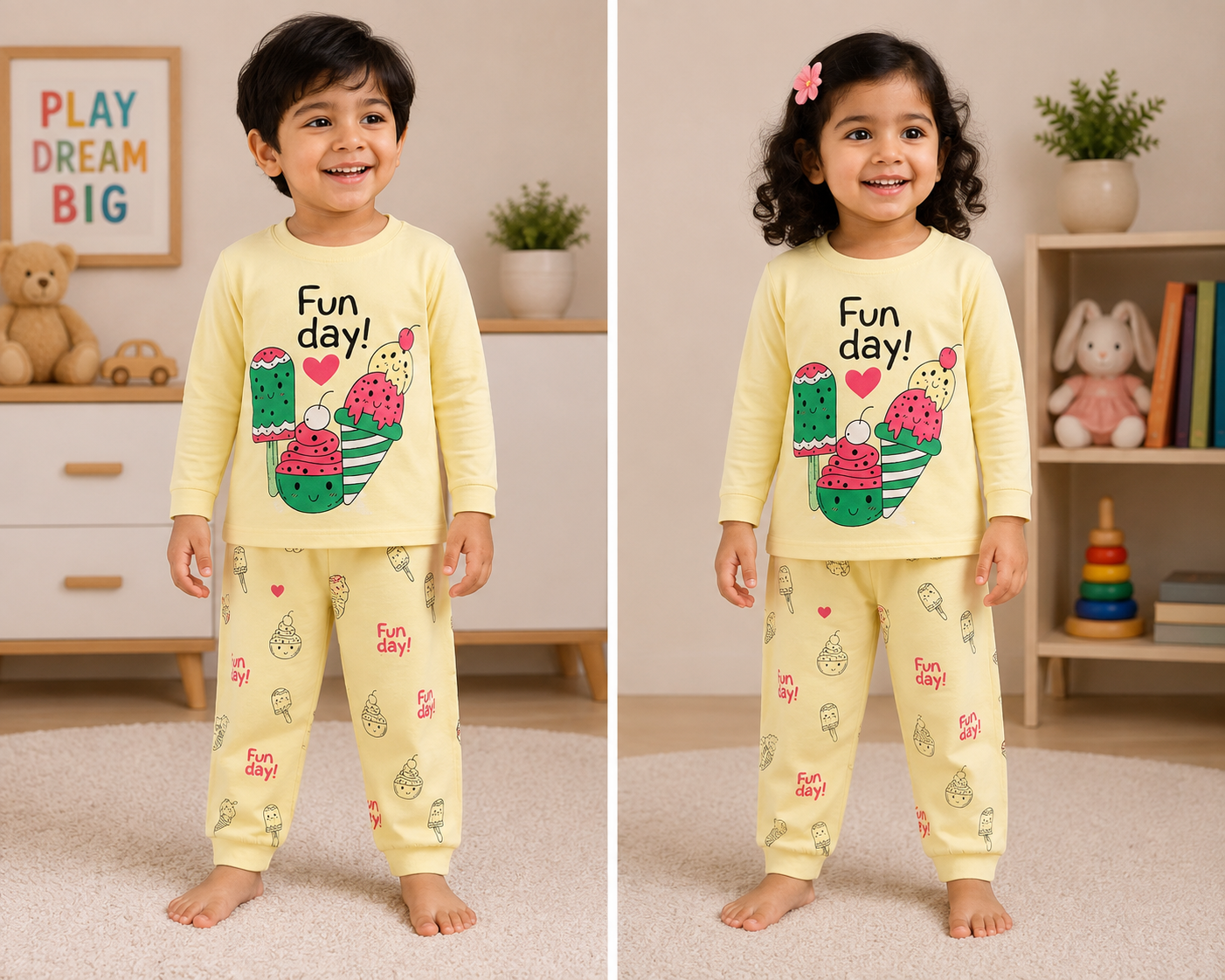 Premium Cotton Full Sleeves T-Shirt with Pant (Yellow - Fun Day)