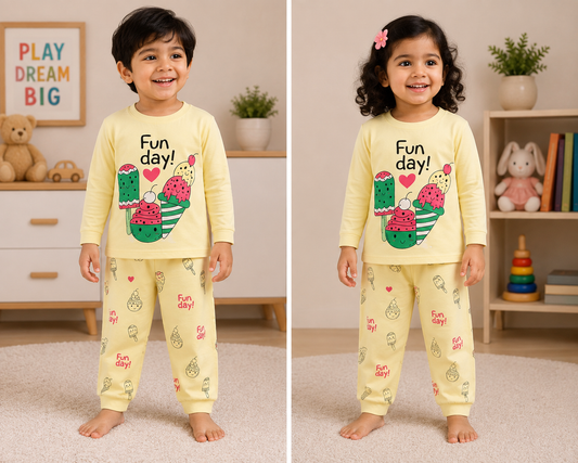 Premium Cotton Full Sleeves T-Shirt with Pant (Yellow - Fun Day)