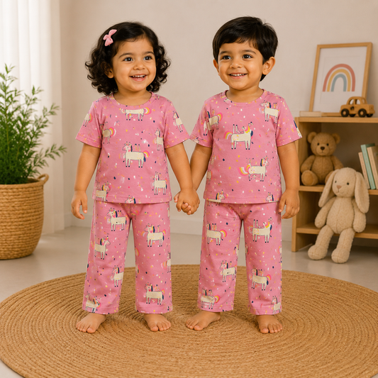 Premium Cotton Half sleeves Tshirt with Pant (Peach Unicorn)