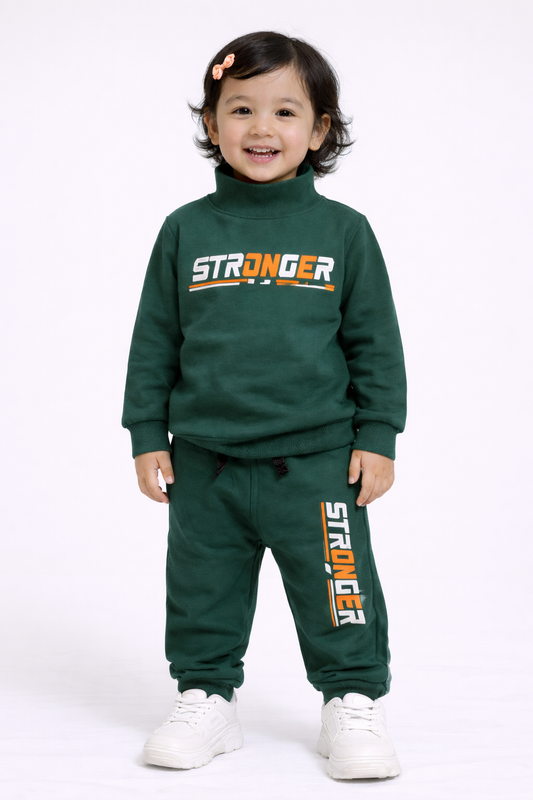 Premium Winter High Neck Pant Set For Kids (Green- Stonger)