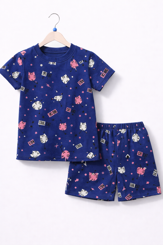 Shorts Sleeves Tshirt with Shorts Sets (Blue Cat)