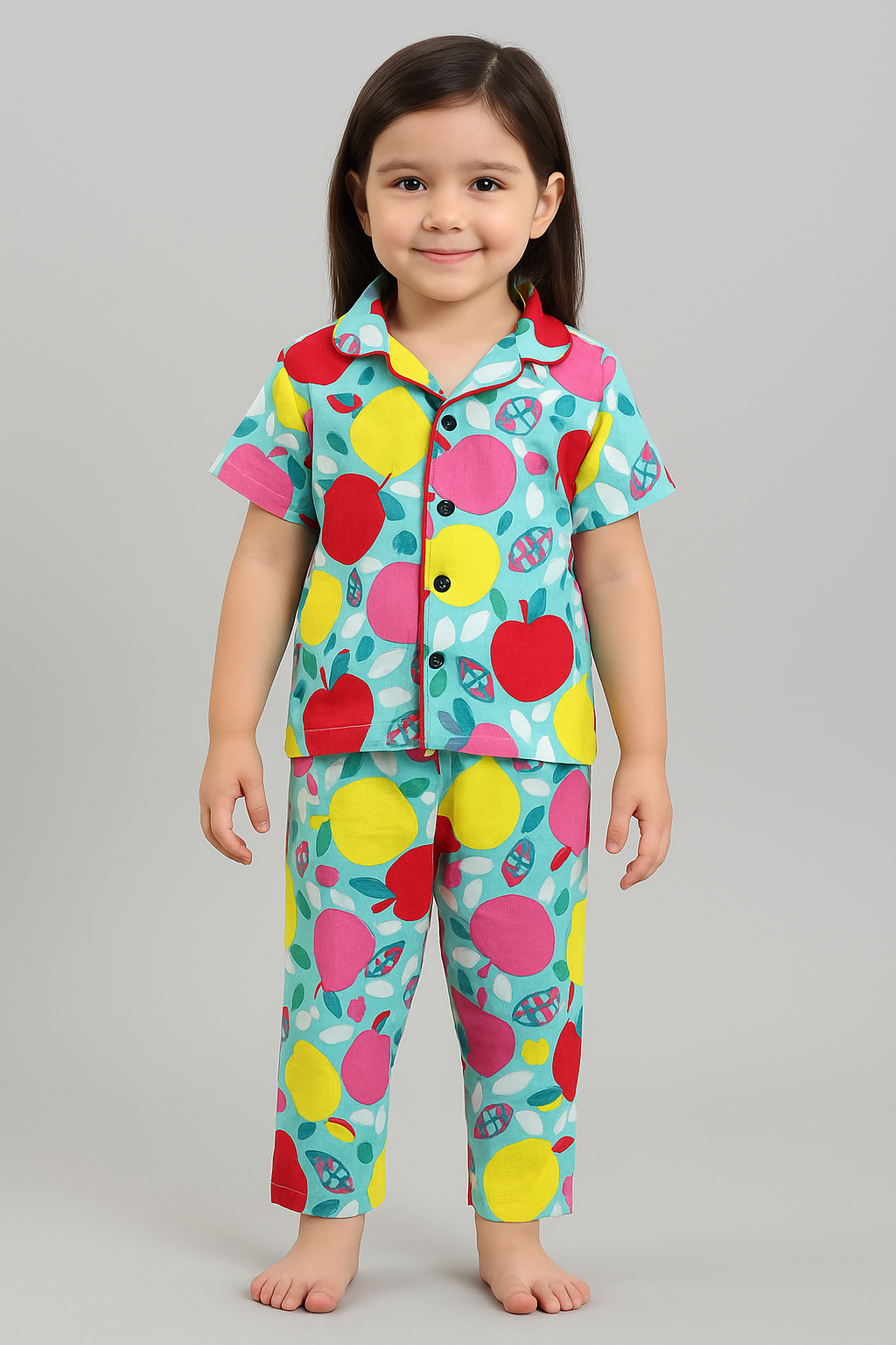Premium Half Sleeves Collar Cotton Tshirt with Pant (Colorful Apples)