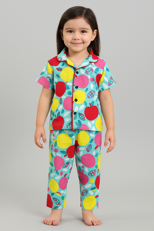 Premium Half Sleeves Collar Cotton Tshirt with Pant (Colorful Apples)