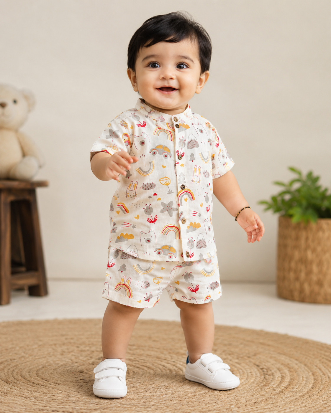 Airport - Kids Muslin Co-ord Set – Front Open Collar Shirt & Shorts  (Cream Rainbow)