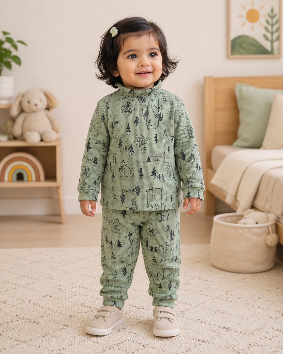 High Neck Ribbed  Full sleeves Tshirt with Pant (Green Christmas Trees)