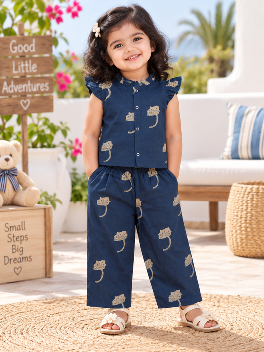 Girls Casual Cotton Printed Frill Top & Pant Co-ord Set (0-11 Yrs) (C058)(Navy Flower)