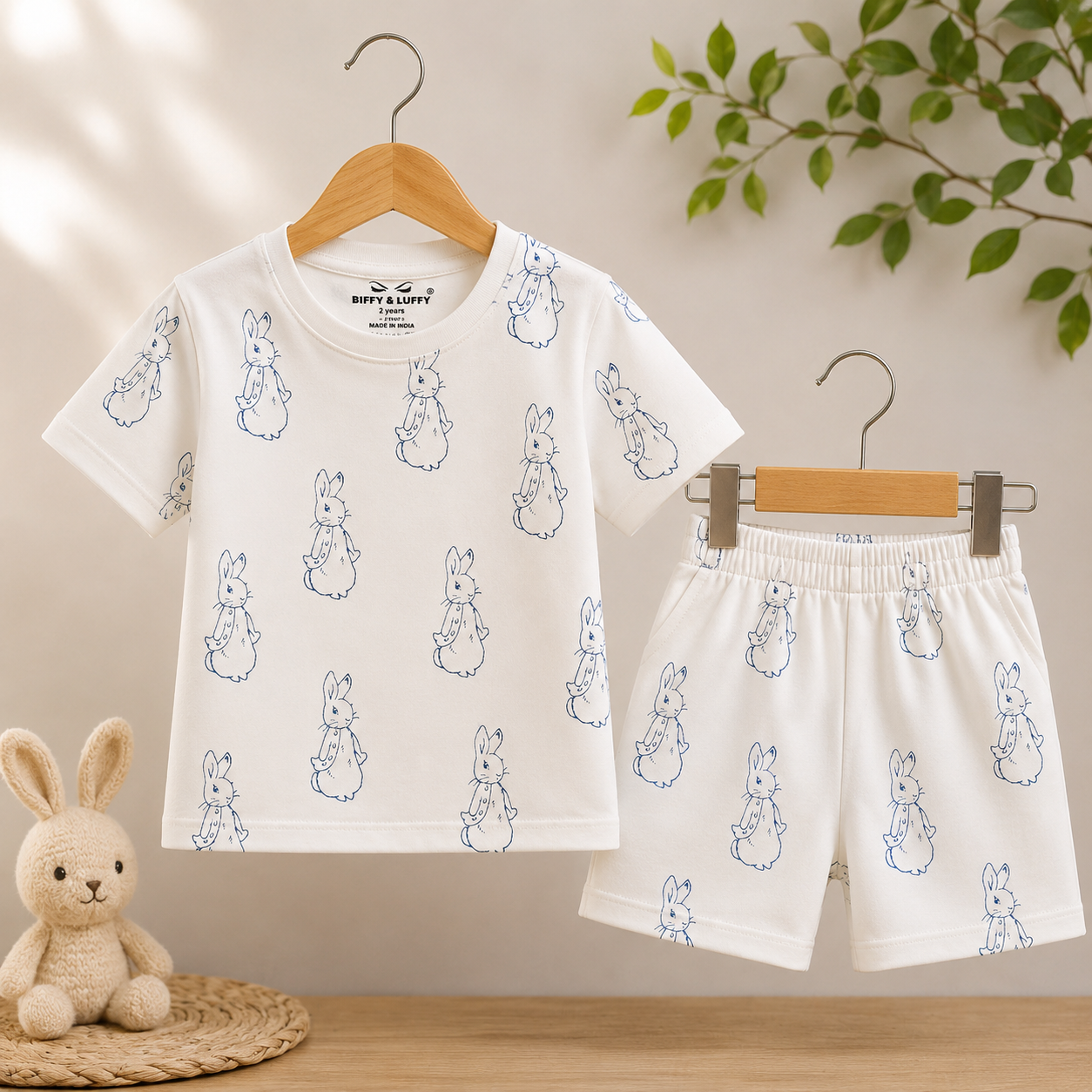 Shorts Sleeves Tshirt with Shorts Sets (White Blue Rabbit)