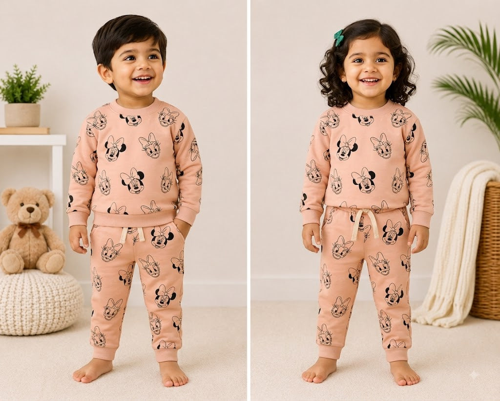 Premium Winter Full Sleeves T-Shirt with Pant (Peach Micky)