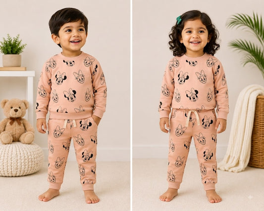 Premium Winter Full Sleeves T-Shirt with Pant (Peach Micky)