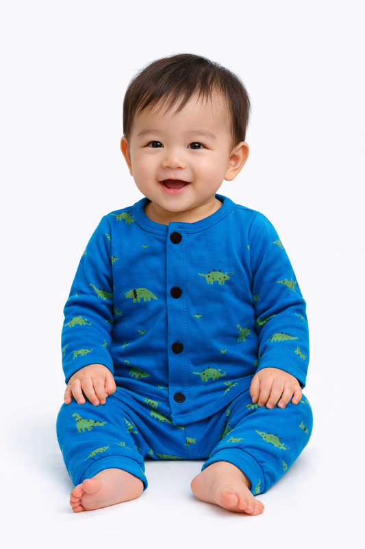 Front Open Full sleeves Cotton Tshirt with Pant (New Blue Dino)