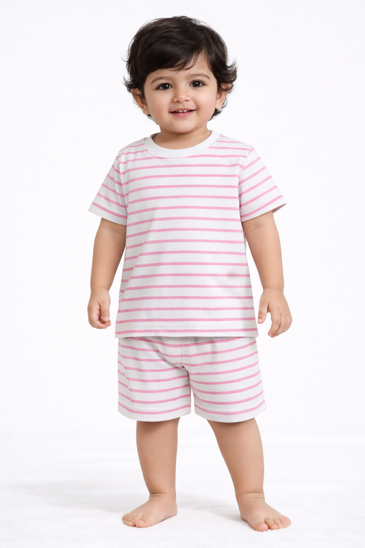Cotton Shorts Sleeves Tshirt with Shorts Sets (Pink  Stripes)