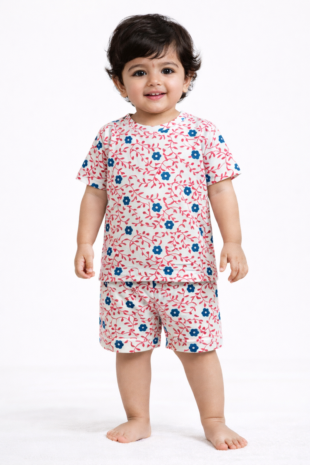 Cotton Shorts Sleeves Tshirt with Shorts Sets (Pink Creep with Blue Flower)