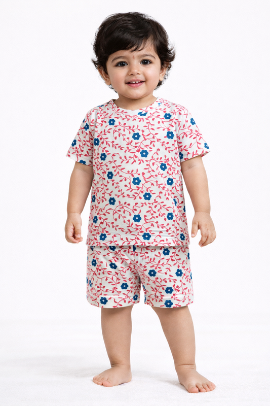 Cotton Shorts Sleeves Tshirt with Shorts Sets (Pink Creep with Blue Flower)
