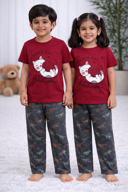 Premium Cotton Contrast Half Sleeves Pajama Set (Red KITTY + GRAY ANIMAL)