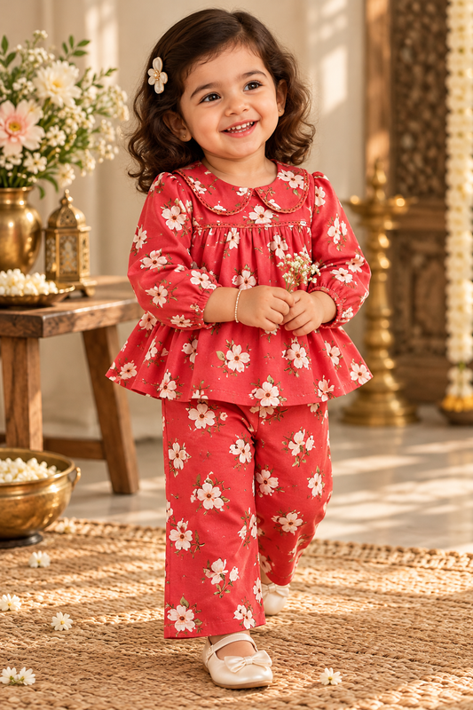 Girls Festive Cotton Printed Peter Pan Collar Co-ord Set (CR003) (Red Flower)