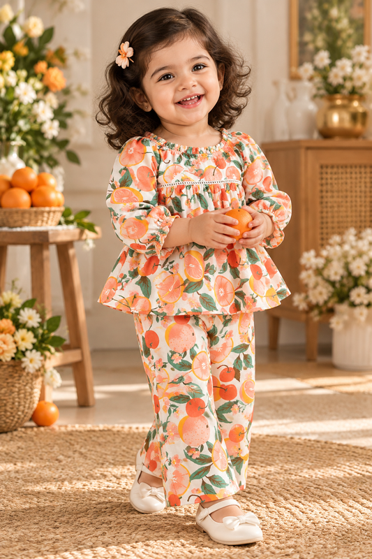 Girls Festive Cotton Printed Peter Pan Collar Co-ord Set (CR001)(Fruits Slices)