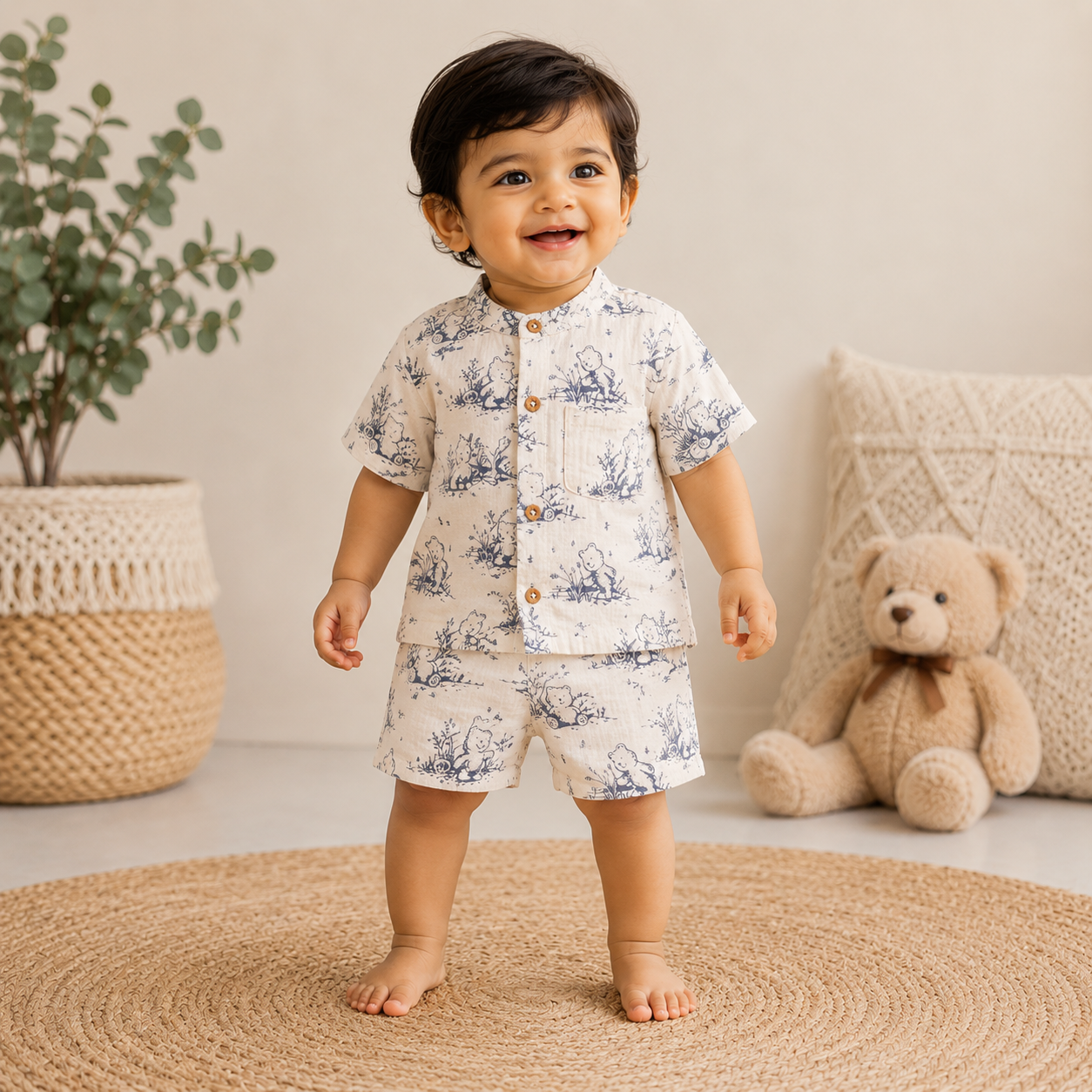 Airport - Kids Muslin Co-ord Set – Front Open Collar Shirt & Shorts (Cream Blue Teddy)