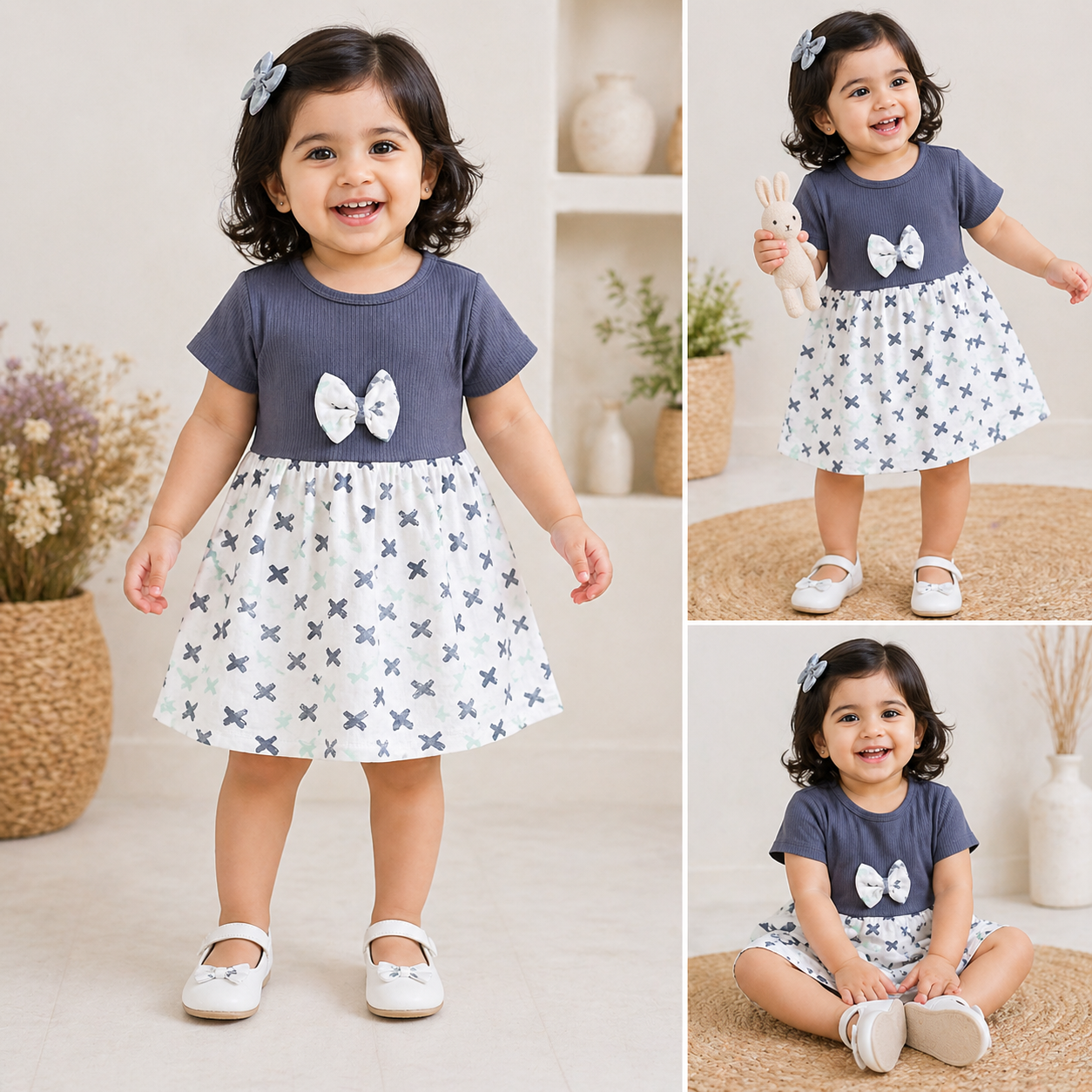 Cotton Half Sleeves Frocks With Bow (Grey White "XXX")