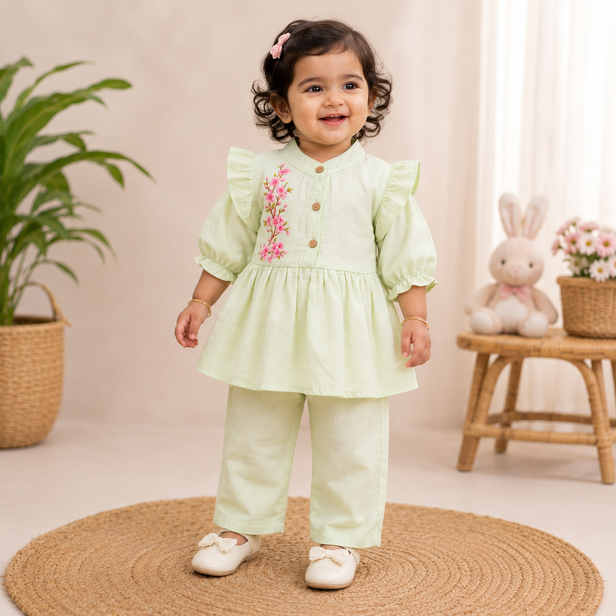Airport - Kids Muslin Print  Balloon Sleeves Frock With Pant ( Pale Green 3)