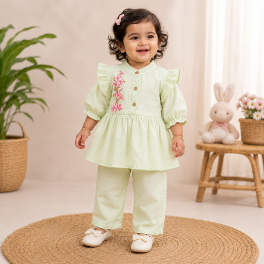 Airport - Kids Muslin Print  Balloon Sleeves Frock With Pant ( Pale Green 3)