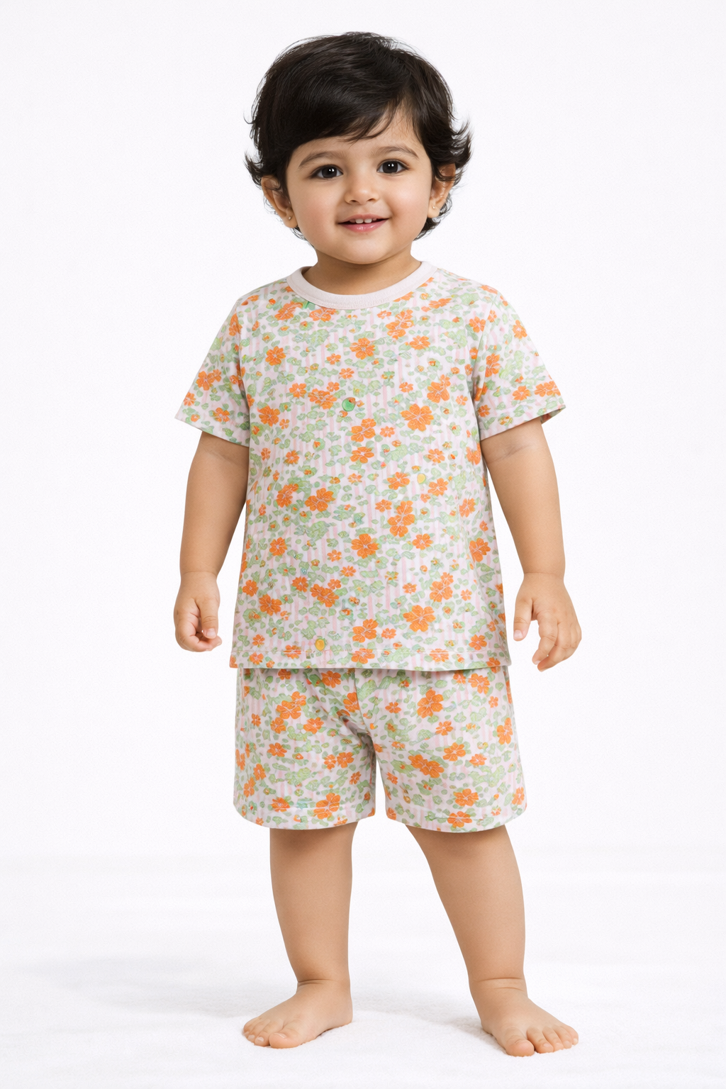 Cotton Shorts Sleeves Tshirt with Shorts Sets (Cute Orange Flowers)