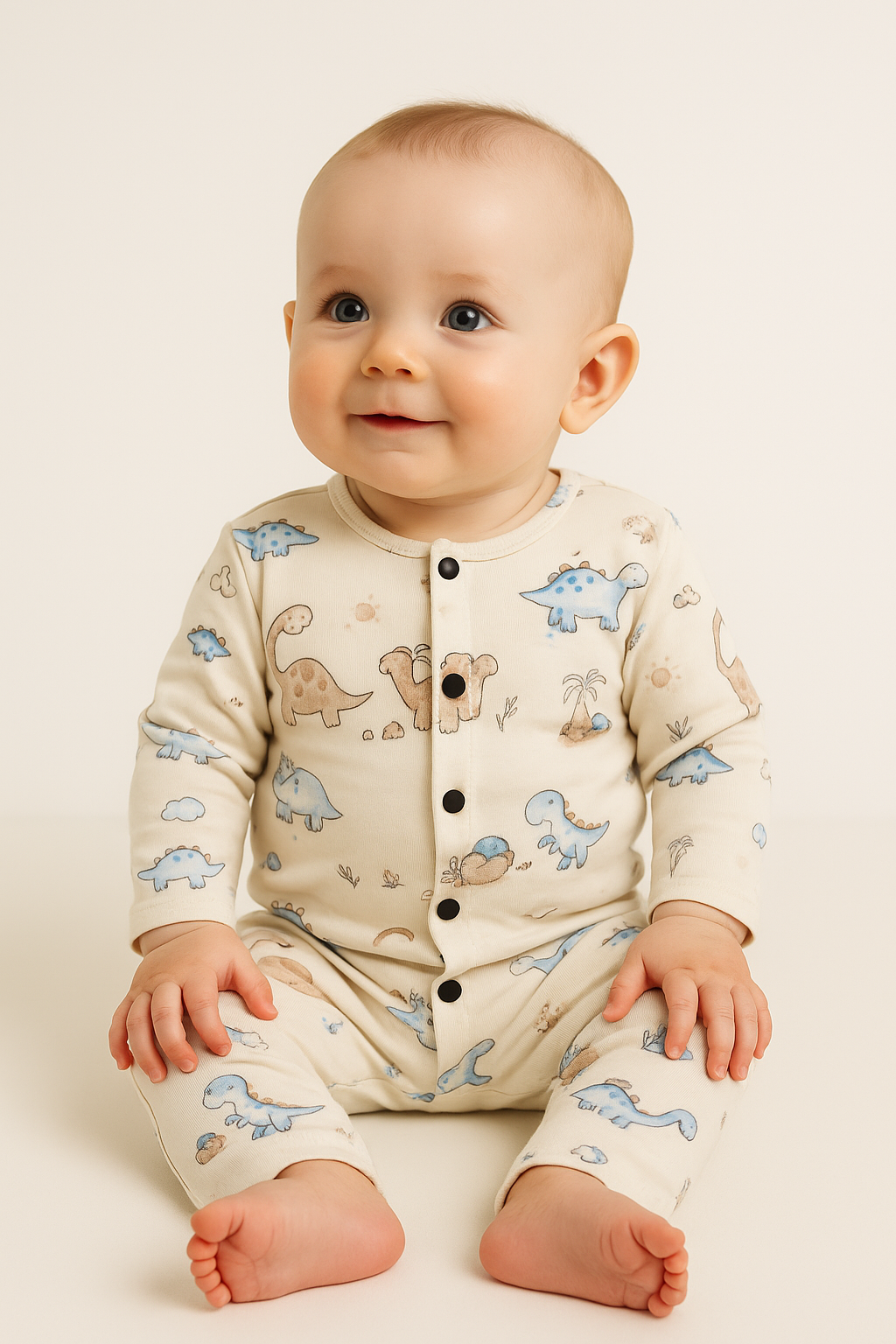 Front Open Full sleeves Cotton Tshirt with Pant (White Dino Theme)