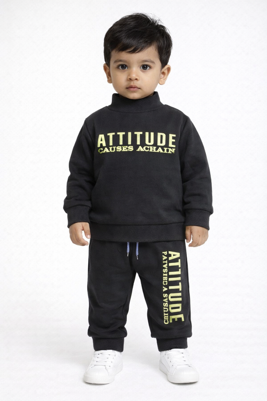 Premium Winter High Neck Pant Set For Kids(Navy Blue-Attiude)