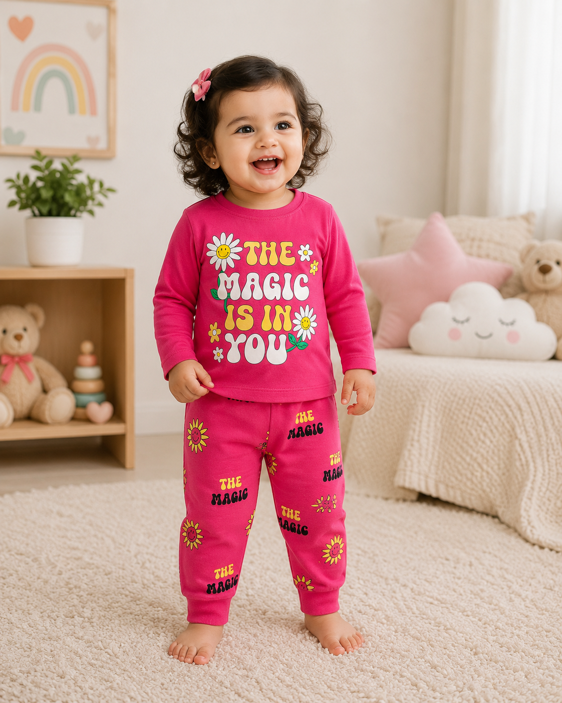 Premium Cotton  Full Sleeves T-Shirt With Pant (Pink - The Magic) (U)