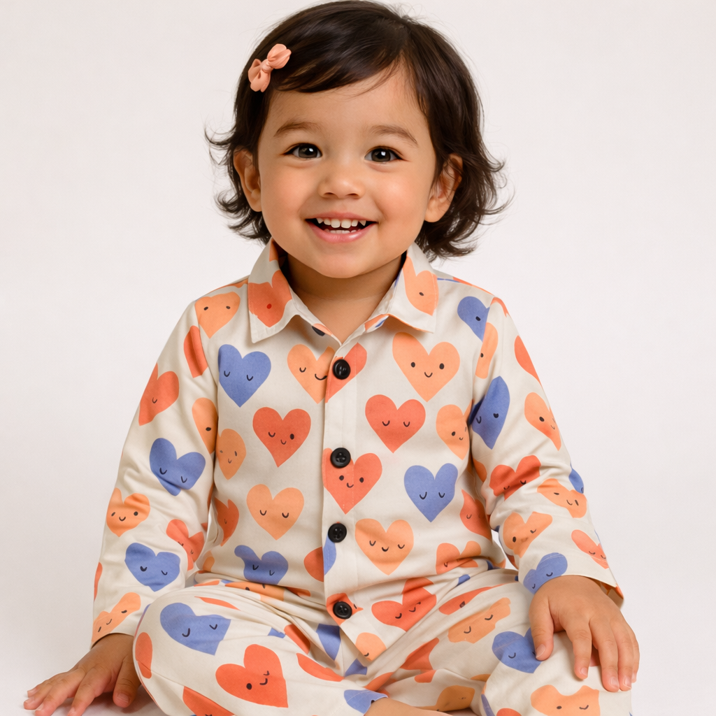 Premium Collar Full sleeves Tshirt with Pant  (cute hearts)