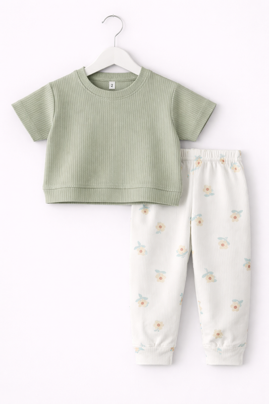 Premium Ribbed Half sleeves Tshirt with Contrast Pant( Green and White Sunflower)