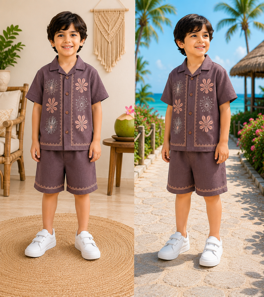 (LB011) - Linen Blend Printed Co- Ord Set  (Salmon Party - Floral )