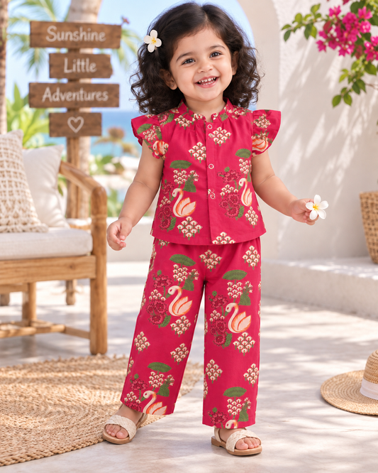 Girls Casual Cotton Printed Frill Top & Pant Co-ord Set (0-11 Yrs) (C056)(Red Duck)
