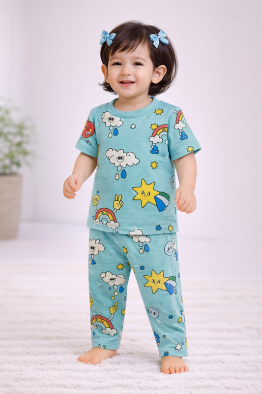 Premium Cotton Half sleeves Tshirt with Pant (Blue Rainbow 🌈)