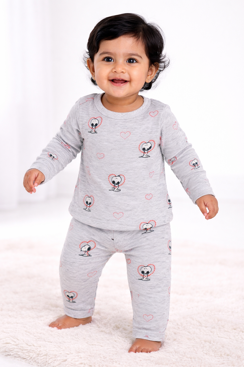 Premium Full sleeves Ribbed Tshirt with Pant (Grey and Red Hearts)