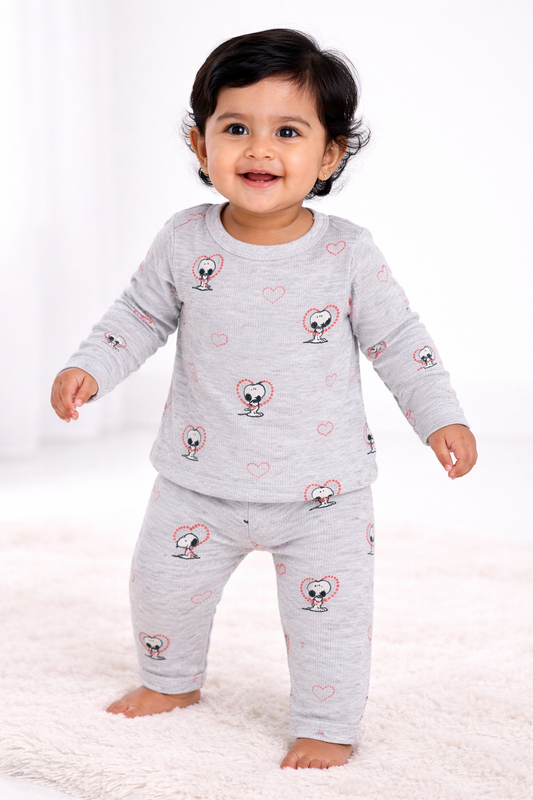 Premium Full sleeves Ribbed Tshirt with Pant (Grey and Red Hearts)