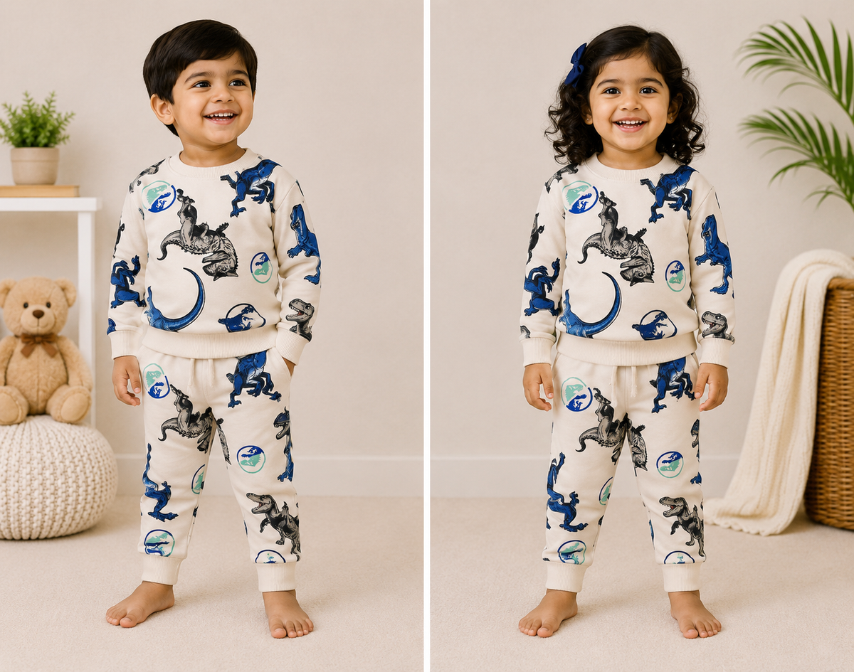 Premium Winter Full Sleeves T-Shirt with Pant (Cream Blue Dino)
