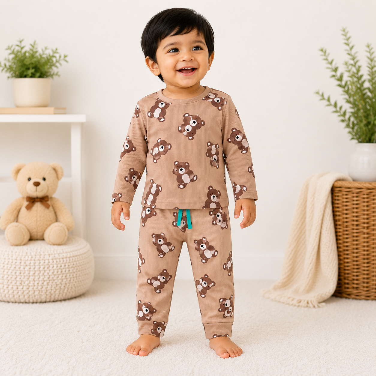 Premium  Ribbed Full  sleeves Tshirt with Pant (Brown Big Teddy)
