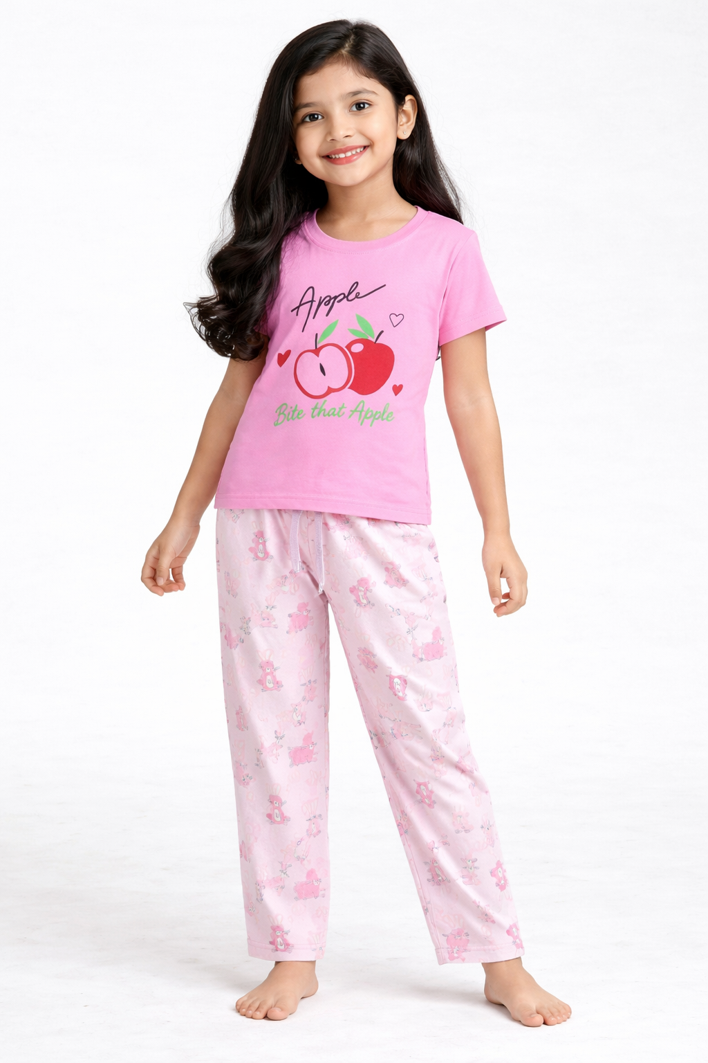 Premium Cotton Contrast Half Sleeves Pajama Set (Pink Apple- Rabbit)