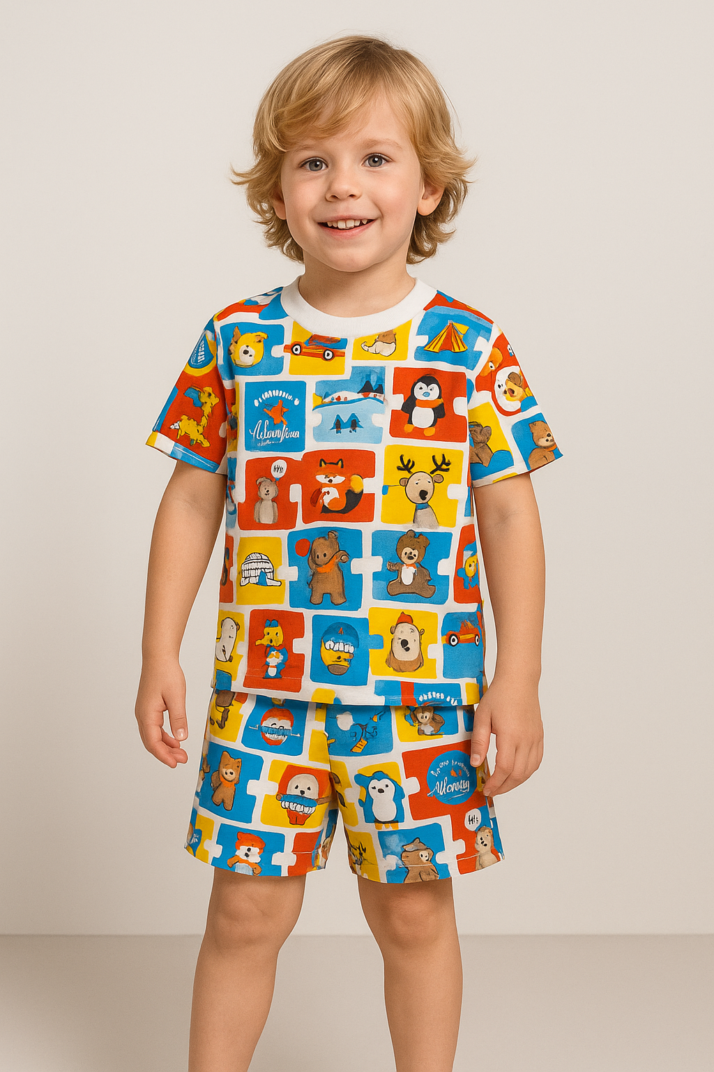 Drop-Sholder Shorts sets (Multicolour Animals)