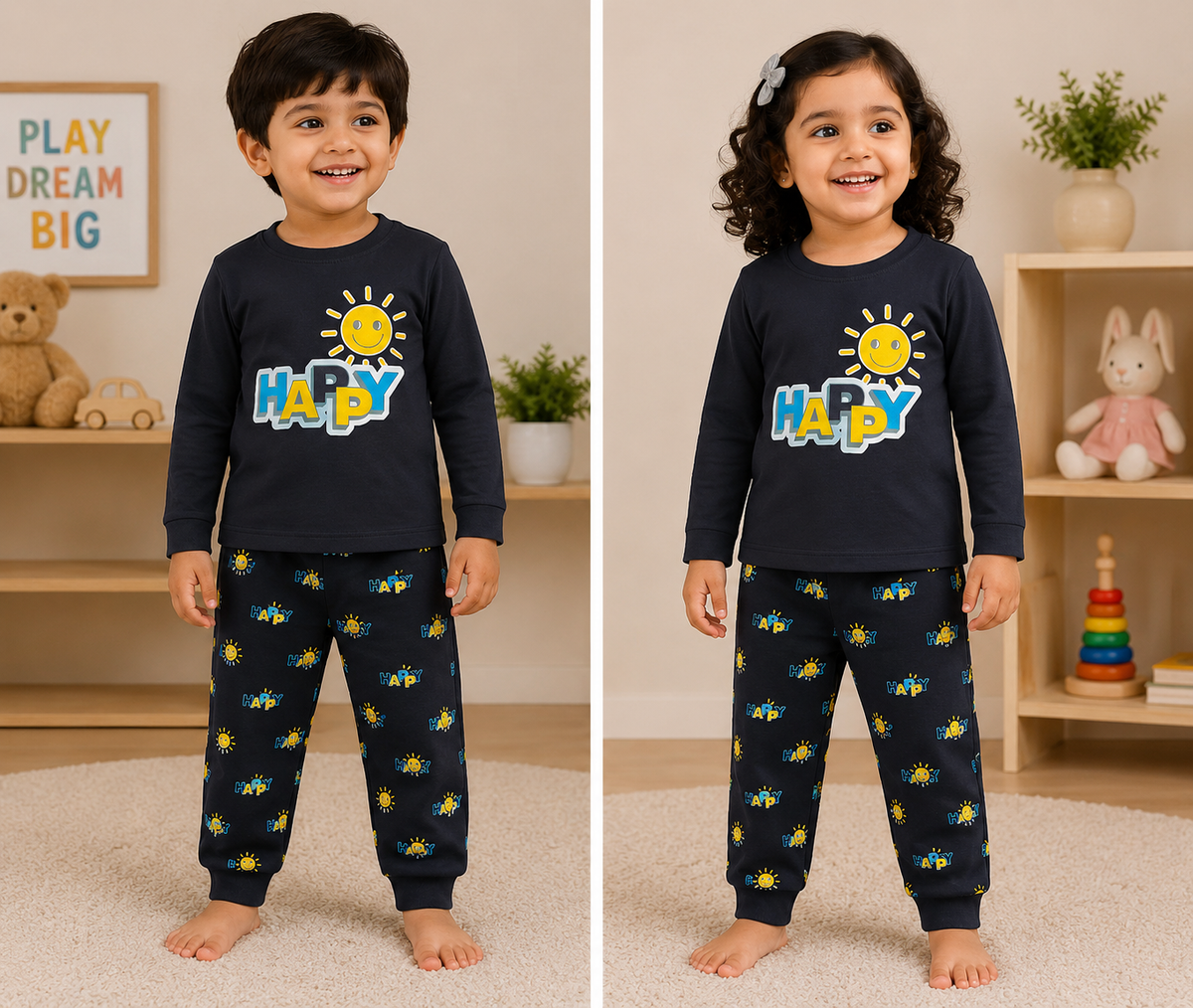 Premium Cotton Full Sleeves T-Shirt with Pant (Black - Happy)