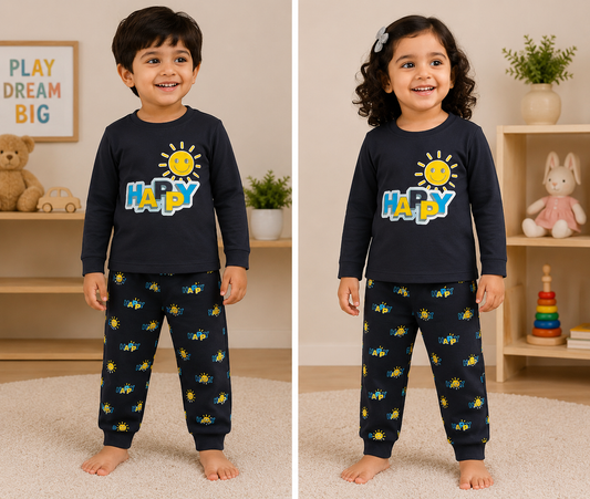 Premium Cotton Full Sleeves T-Shirt with Pant (Black - Happy)