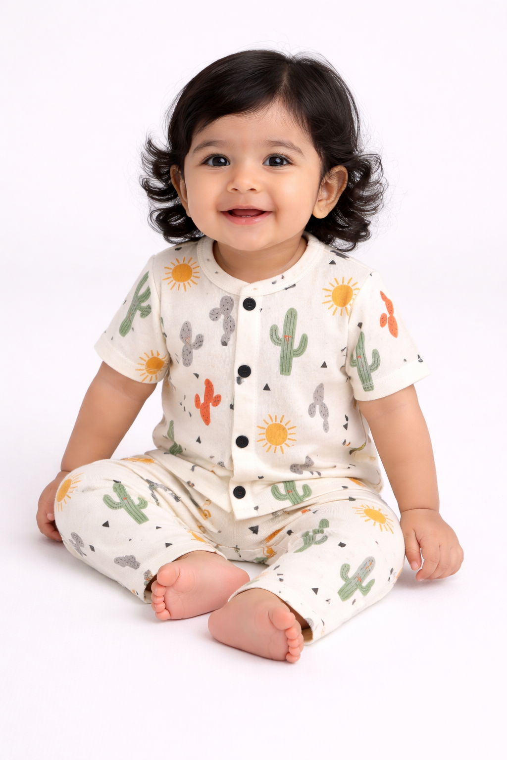 Front Open Half sleeves Cotton Tshirt with Pant (Colorful Cactus)