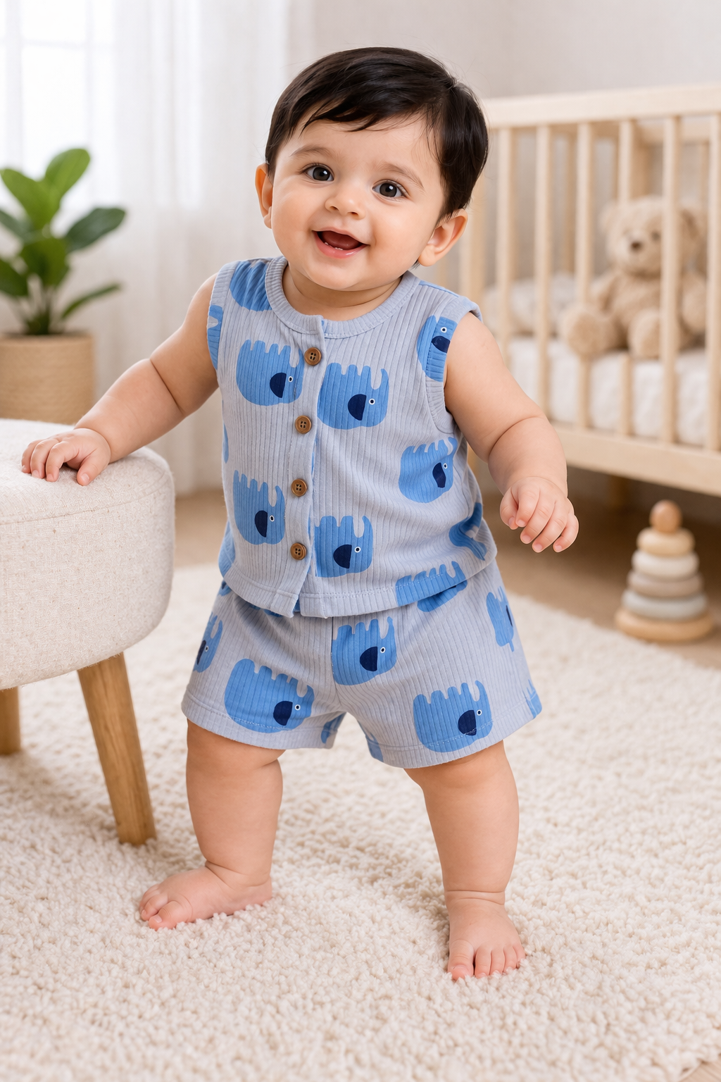 Ribbed Cotton Sleeveless Shorts Sets ( Grey Blue Elephant)