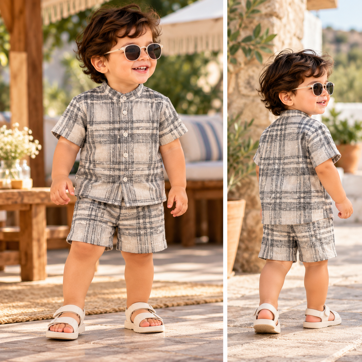 Airport Kids Cotton Muslin Shirt & Shorts Set (Sand Grey Checks)