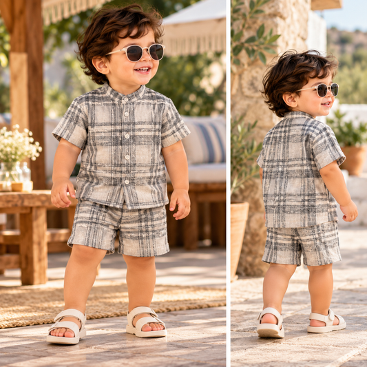 Airport Kids Cotton Muslin Shirt & Shorts Set (Sand Grey Checks)